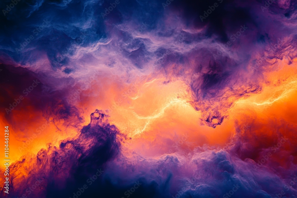 Fototapeta premium An abstract view of cosmic clouds bursting with fiery orange hues, blending with deep purples, creating an intense and vibrant explosion of colors.