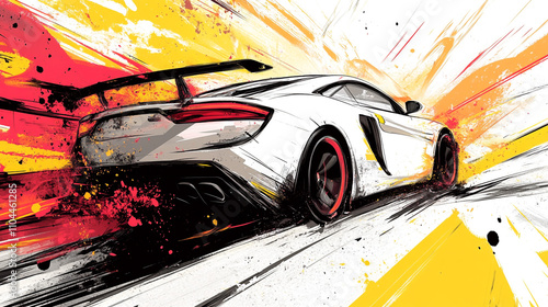 Dynamic Sports Car Artwork  Speed  Motion  Race  Abstract  Yellow  Red  White  Design photo