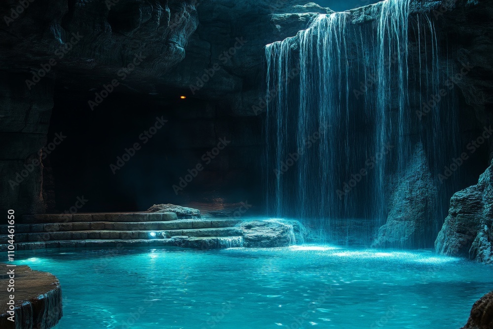 A secluded waterfall cascading into a crystal-clear pool inside a cave, surrounded by dramatic rock formations. A secret tranquil retreat hidden from the world. A secluded waterfall cascading into a crystal-clear pool inside a cave, surrounded by dramatic rock formations. A secret tranquil retreat hidden from the world.