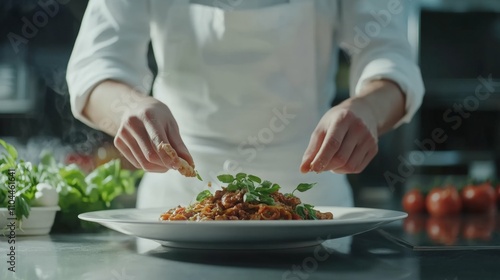 Young chef presenting a plate of food in a professional kitchen, wearing a white apron, with fresh ingredients visible in the background