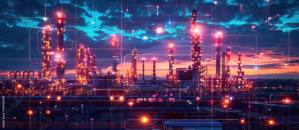 Naklejka premium Illuminated petrochemical refinery at dusk with glowing pipelines storage tanks and a dramatic cityscape skyline in the background