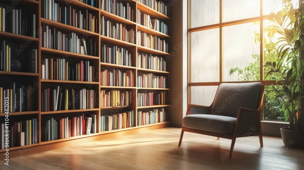 Library corner with wooden shelves filled with books and reading chair, cozy reading space, natural daylight, Library corner with wooden shelves filled with books and reading chair, cozy reading space, natural daylight,