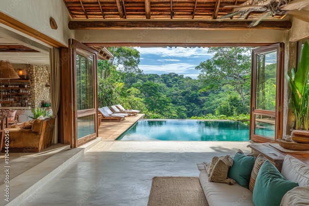 Fototapeta premium An open-plan villa offers a stunning view of a jungle pool, effortlessly blending indoor and outdoor spaces to create a sanctuary that celebrates nature and comfort.