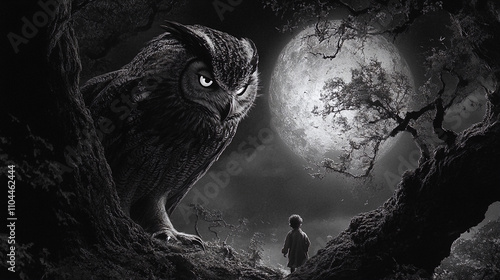 Mysterious giant owl watching small child under glowing full moon at night photo