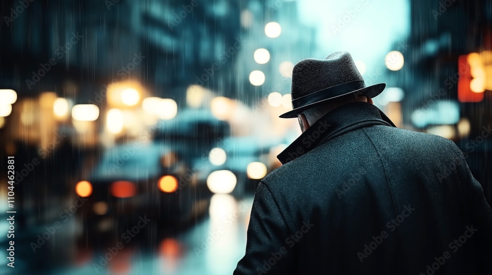 Back view of a man in a trench coat and fedora walking through a rainy city street at night, with blurred lights and traffic in the background Back view of a man in a trench coat and fedora walking through a rainy city street at night, with blurred lights and traffic in the background