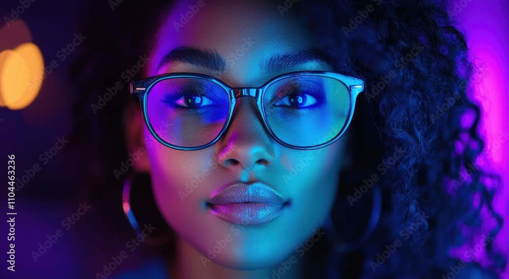 A close-up portrait of a confident young woman in glasses with vibrant lighting enhancing her elegant features, combining beauty and modernity with a captivating gaze. A close-up portrait of a confident young woman in glasses with vibrant lighting enhancing her elegant features, combining beauty and modernity with a captivating gaze.