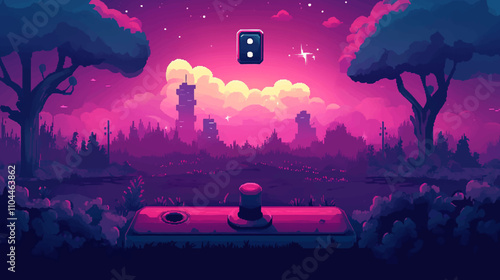 Pixel art landscape battle arena. Game background with vintage animation scene for 8 bit arcade games. Retro pixelated playing view. Vector illustration environment for video game banner promotion.