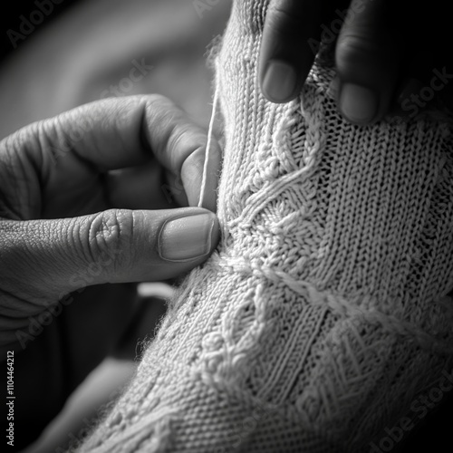 Detail-oriented hand completing intricate embroidery on fabric during a sunlit afternoon photo