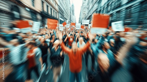 Wallpaper Mural Blurred motion image of a large crowd of people participating in a protest or demonstration on a city street, holding signs and banners with indistinct text and raising their arms. Torontodigital.ca