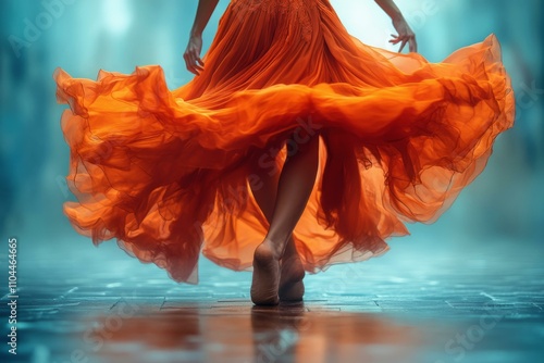 Graceful samba movement in vibrant orange dress: elegant dancer in motion on artistic background