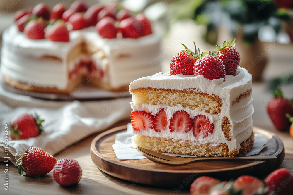 A slice of strawberry cake with whipped cream on top. A slice of strawberry cake with whipped cream on top.