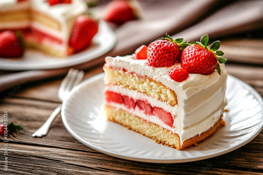 A slice of strawberry cake with whipped cream on top. A slice of strawberry cake with whipped cream on top.