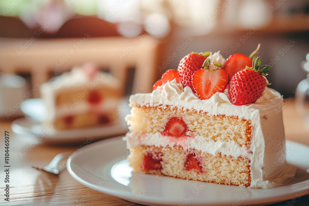 A slice of strawberry cake with whipped cream on top. A slice of strawberry cake with whipped cream on top.