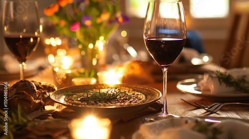 Elegant Passover Seder table adorned with fresh flowers and candlelight in springtime setting with Seder plate and wine photo