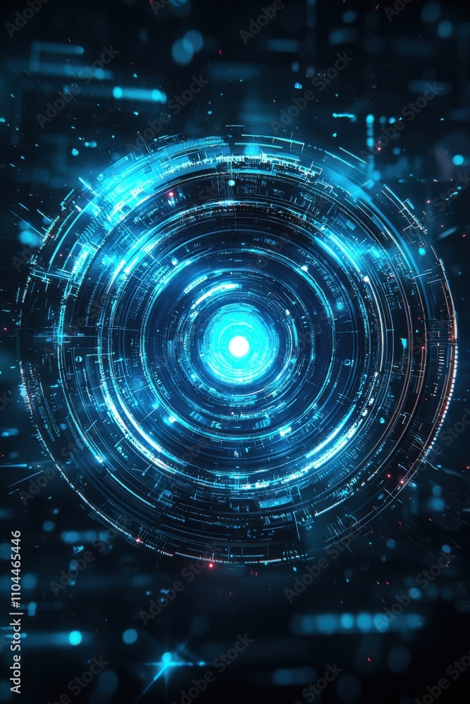 Futuristic camera lens icon with glowing blue and orange technology elements in a digital abstract design Futuristic camera lens icon with glowing blue and orange technology elements in a digital abstract design