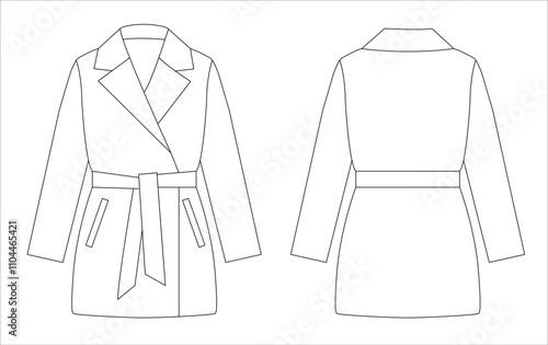 Short belted coat with notched lapels, long sleeves, and side pockets depicted as a minimalist technical sketch