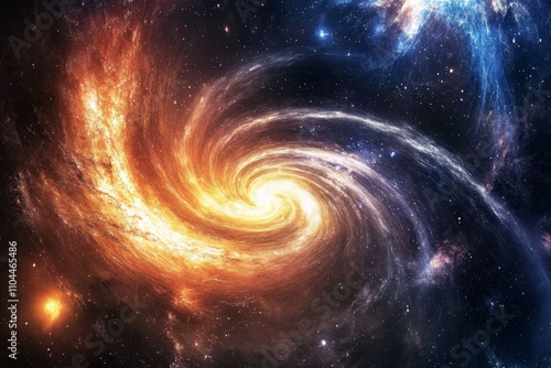 A stunning, vibrant spiral galaxy with fiery orange and blue hues, swirling in the infinite expanse of space, showcasing the beauty of the cosmos.