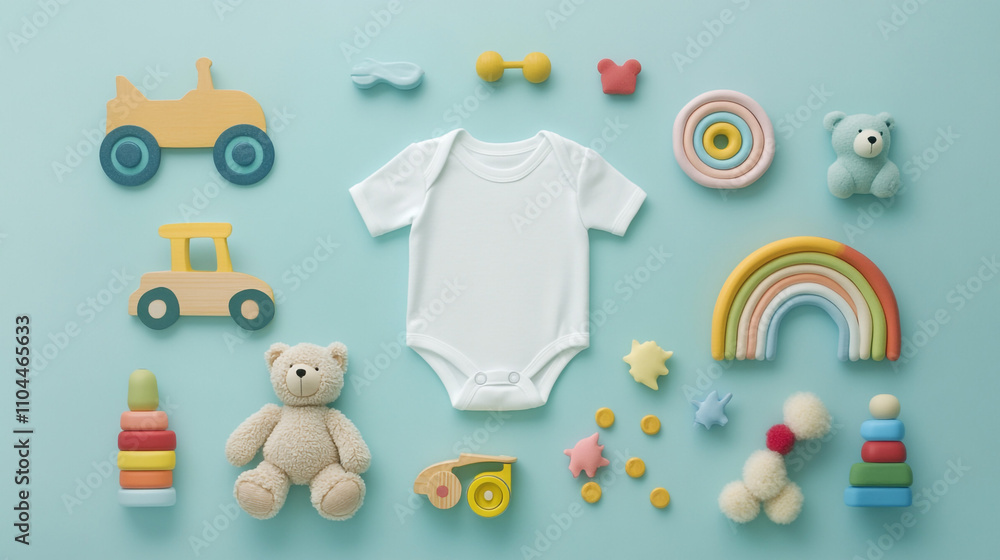 Baby Clothes Toys Flat Lay Adorable Newborn Bodysuit Wooden Playthings Pastel Rainbow Baby Clothes Toys Flat Lay Adorable Newborn Bodysuit Wooden Playthings Pastel Rainbow