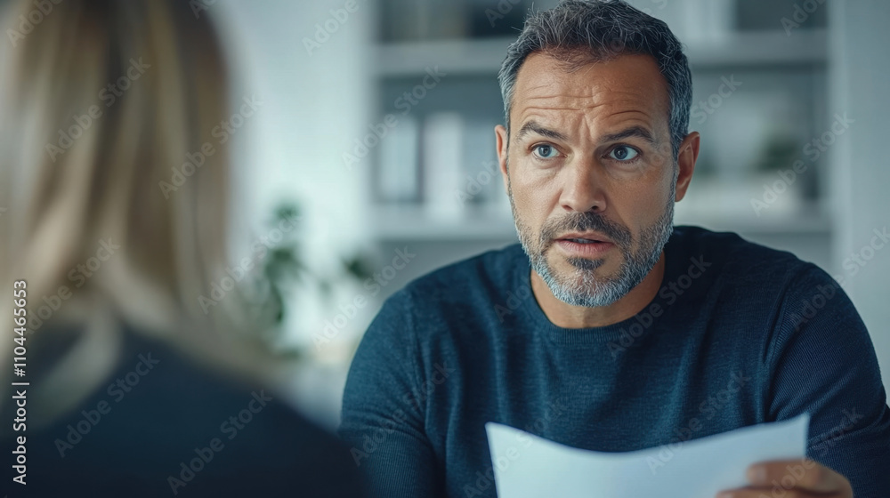 A man looks surprised while discussing a document with a woman, suggesting a serious conversation occurring in a modern office setting. A man looks surprised while discussing a document with a woman, suggesting a serious conversation occurring in a modern office setting.