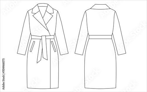 Long belted coat with notched lapels, long sleeves, and side pockets shown as a minimalist technical sketch