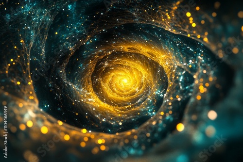 This abstract image features a cosmic swirl in vibrant yellow and blue hues, creating a dynamic composition that captures the imagination and suggests endless possibilities. photo