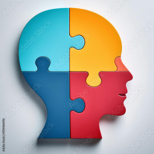 profile human person head made by puzzle pieces  building blocks, state of mind sadness, happiness, white background photo