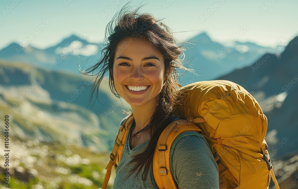 A joyful woman hiking in the picturesque mountains enjoys the breathtaking natural landscape and adventure A joyful woman hiking in the picturesque mountains enjoys the breathtaking natural landscape and adventure