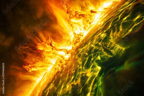 A spectacular image of the sun's surface showing a dramatic solar flare erupting, releasing intense heat and energy into space, representing power and transformation. photo