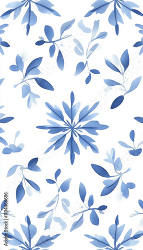 Generate a minimalist boho-inspired repeating snowflake pattern. Tiny blue snowfalkes on a white background