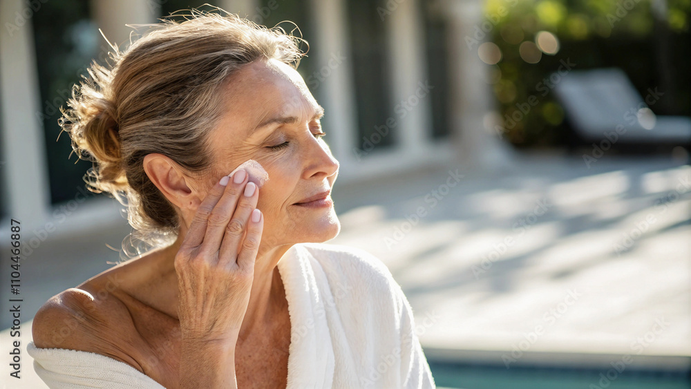 Portrait of beautiful mature elderly woman applying cream on her face, beauty and skin care, cosmetics