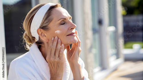 Obraz na płótnie Portrait of beautiful mature elderly woman applying cream on her face, beauty and skin care, cosmetics w salonie