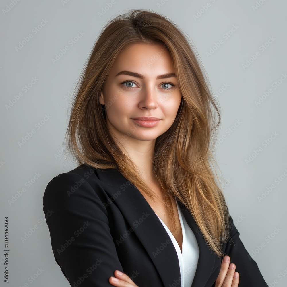 Smiling young businesswoman in a black jacket with long blonde hair against a light backdrop Smiling young businesswoman in a black jacket with long blonde hair against a light backdrop
