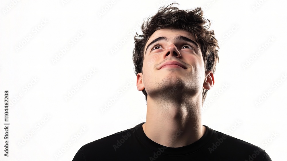 Young Man Gazing Upward with a Hopeful Expression Against White Background Young Man Gazing Upward with a Hopeful Expression Against White Background