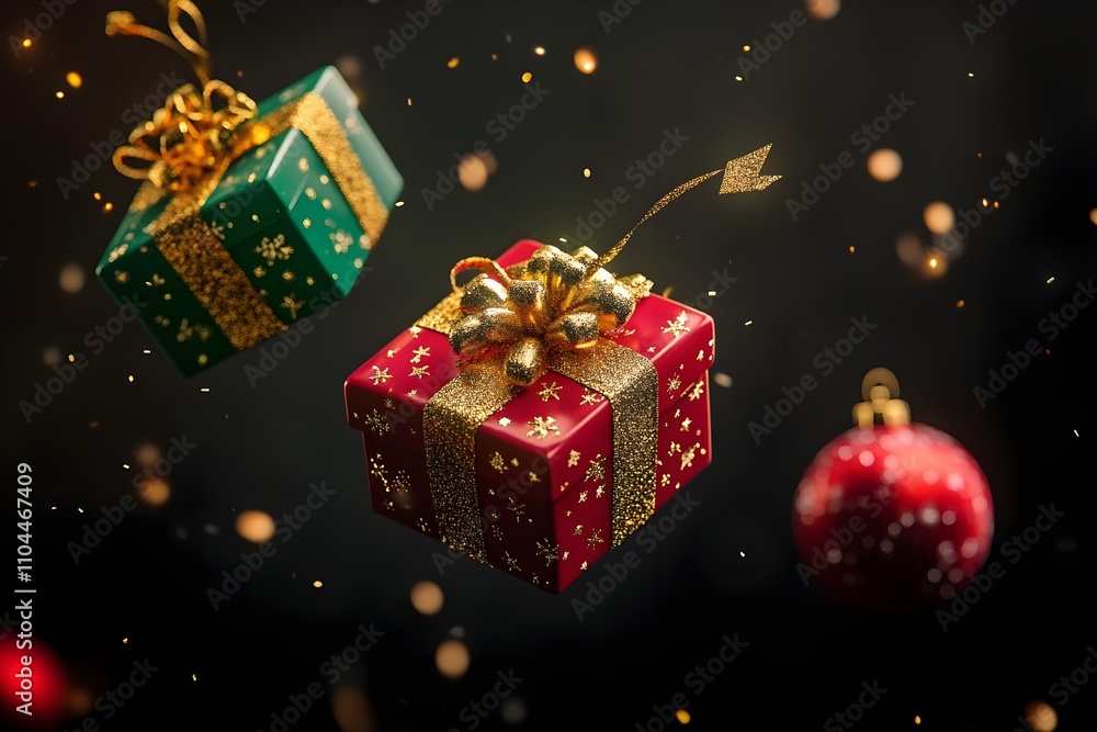 Christmas ornaments floating red and green gift box, Gold ribbon Christmas ornaments floating red and green gift box, Gold ribbon