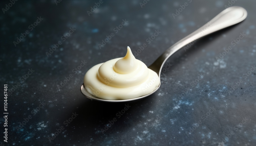 Creamy yogurt fills silver spoon. Smooth texture highlighted. Nutritious dairy product ready to eat. Perfect food for breakfast snack. Food photography shows dairy product. High quality food image. Creamy yogurt fills silver spoon. Smooth texture highlighted. Nutritious dairy product ready to eat. Perfect food for breakfast snack. Food photography shows dairy product. High quality food image.