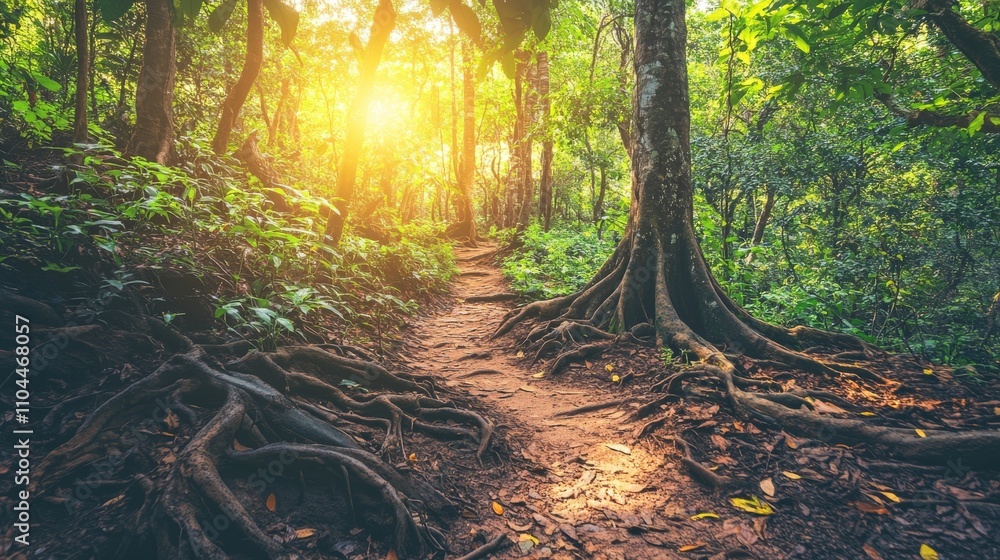 Obraz premium Ground-Level View of Sunlit Forest Path, Lush Green Canopy, Exposed Tree Roots, Nature Trail, jungle path Jungle, Forest, Nature