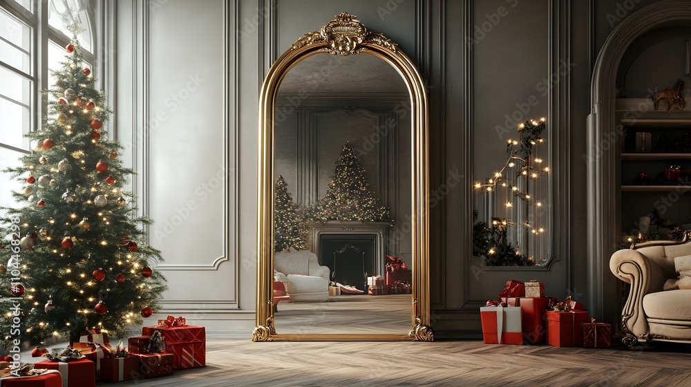 A full-body, long mirror with a gold arch frame stands in the living room. A Christmas tree and gifts are on the floor, creating a cozy interior design A full-body, long mirror with a gold arch frame stands in the living room. A Christmas tree and gifts are on the floor, creating a cozy interior design
