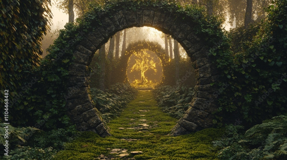 Obraz premium Enchanted Forest Arch Stone Archway, Mossy Composition, Glowing Tree, Digital Painting, Fantasy Landscape. Fantasy Art, Digital Painting, Nature Scene