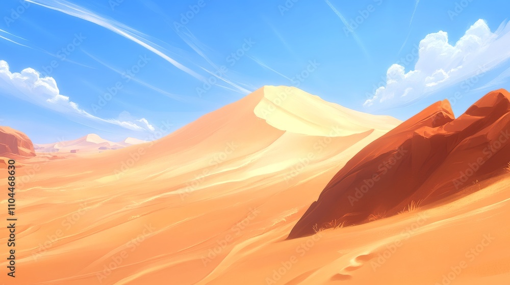 Naklejka premium Desert Landscape Digital Painting, Sand Dunes and Rocks, Sunny Sky, Desert Art Desert, Digital art, Landscape