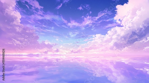 Dreamy Lavender Sky A Digital Painting of Pastel Clouds and Reflective Water, Lavender Sky, Pastel Clouds, Digital Art