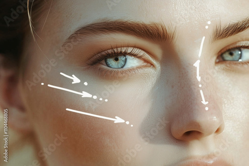 a close up on woman's face with perfect skin, with white arrows overlay, showing the direction of beauty therapy treatment photo