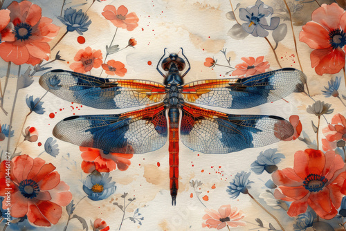 watercolor dragonfly and flowers,.    photo