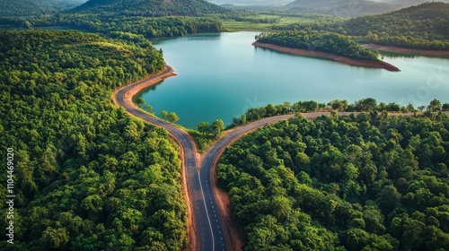 Aerial View Forest Road Forks at Lake, Lush Green Canopy, Winding Asphalt, Nature Travel Aerial photography, Drone photography, Nature landscape