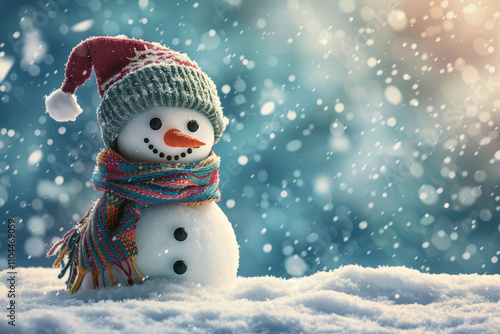  Cheerful snowman wearing a knitted hat and scarf on a snowy winter background