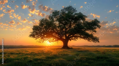 A large tree stands in a field with a beautiful sunset in the background