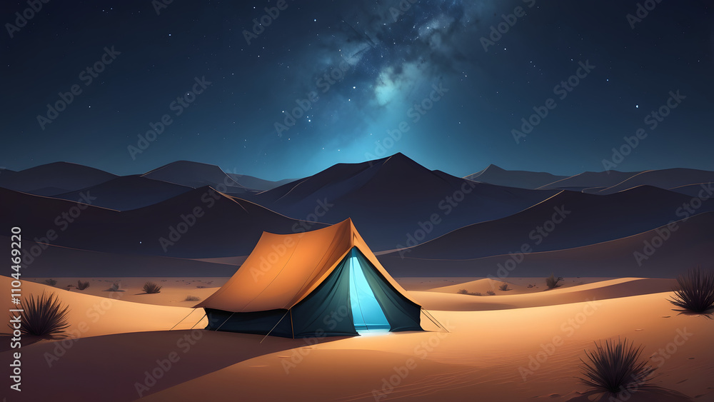 Night Desert: A single tent glowing faintly, set against a vast minimalist desert under a starry night sky Night Desert: A single tent glowing faintly, set against a vast minimalist desert under a starry night sky
