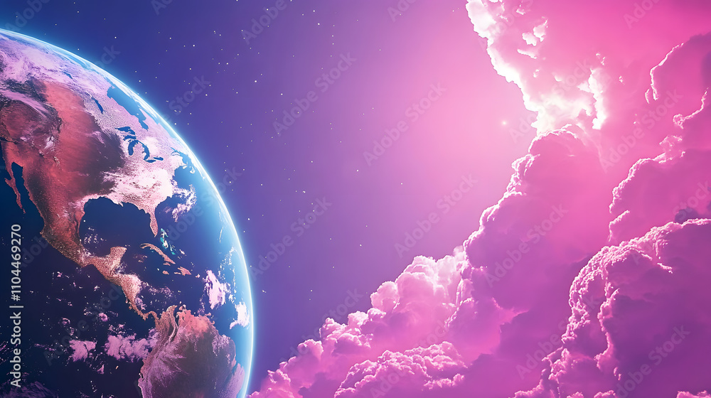 Obraz premium Celestial Dreamscape Featuring Earth Amidst Vibrant Pink Clouds in Cosmic Wonder