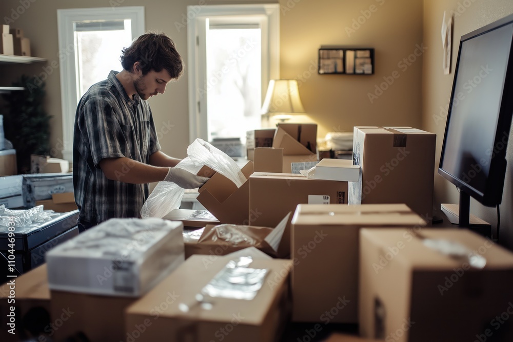 Young man packs online orders. Person wears gloves, works at home office. Preparing packages for shipment. Many boxes around. Looks like small business e-commerce operation. Focus on efficient order Young man packs online orders. Person wears gloves, works at home office. Preparing packages for shipment. Many boxes around. Looks like small business e-commerce operation. Focus on efficient order