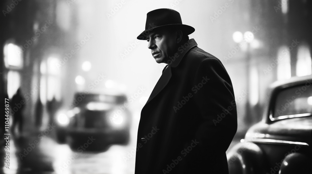 Black and white image of a man in a trench coat and hat walking on a foggy city street with vintage cars and blurred streetlights in the background, creating a film noir atmosphere. Black and white image of a man in a trench coat and hat walking on a foggy city street with vintage cars and blurred streetlights in the background, creating a film noir atmosphere.