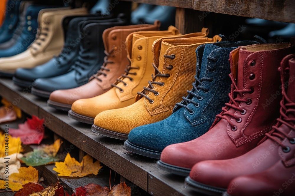 Colorful leather boots displayed on wooden shelves during autumn Colorful leather boots displayed on wooden shelves during autumn